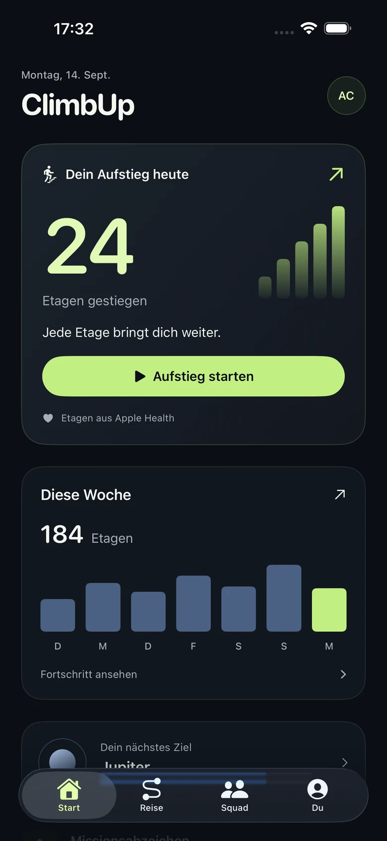 ClimbUp Startseite mit Beispielwerten für Etagen und Wochenfortschritt