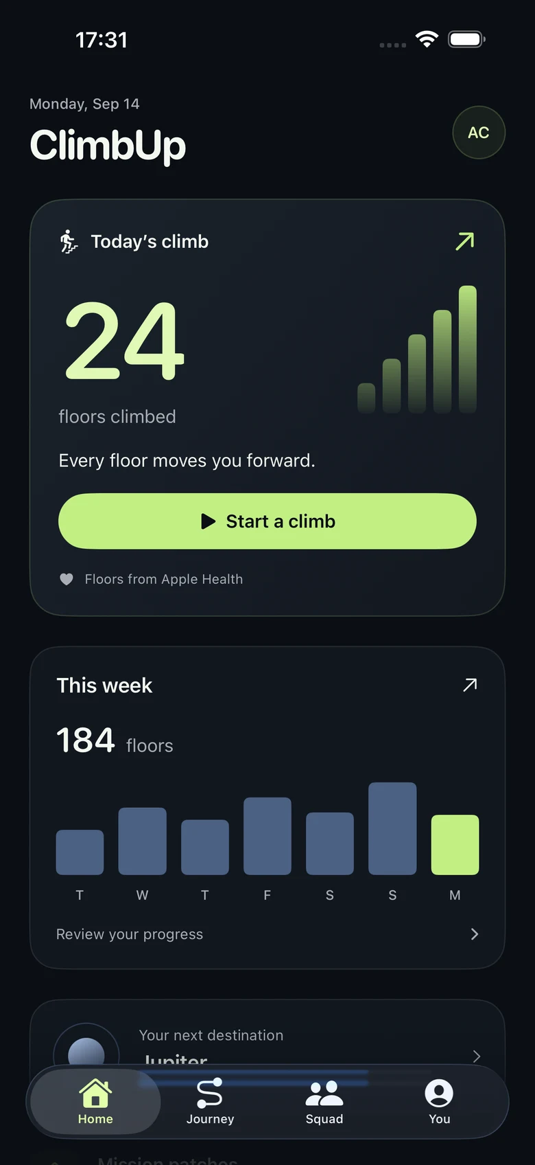 ClimbUp home screen with sample daily floors and weekly progress
